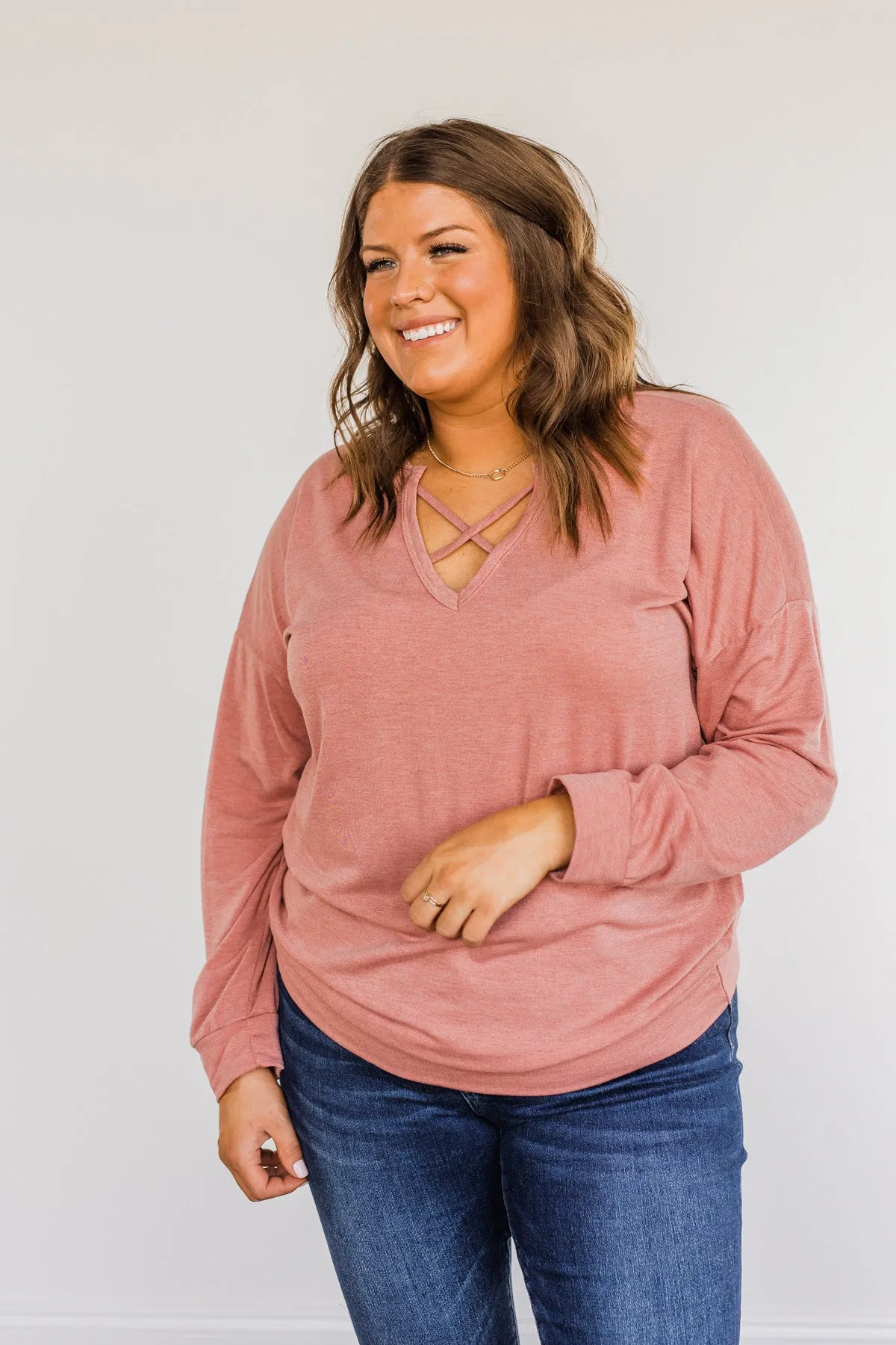 Just For Fun Criss Cross Long Sleeve Top- Mauve