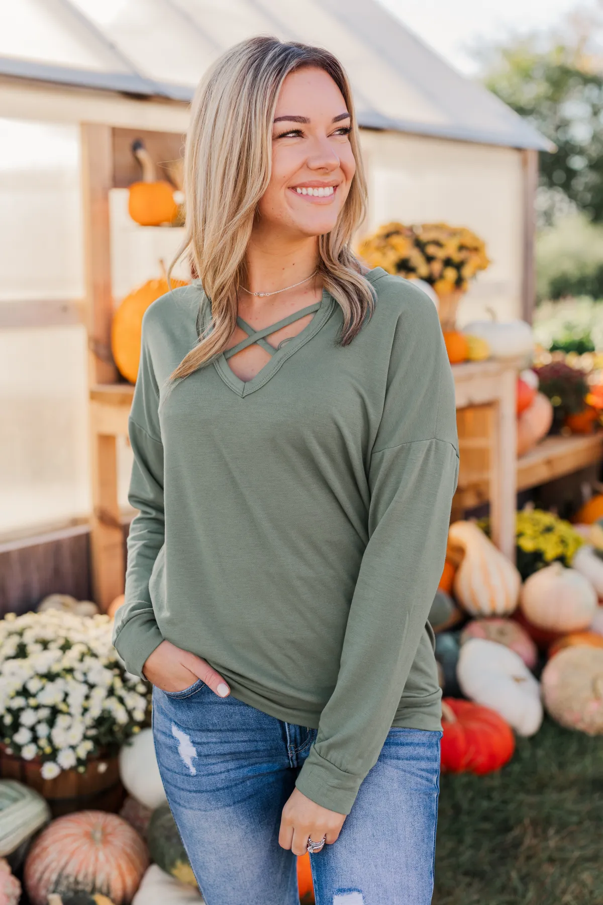 Just For Fun Criss Cross Long Sleeve Top- Olive