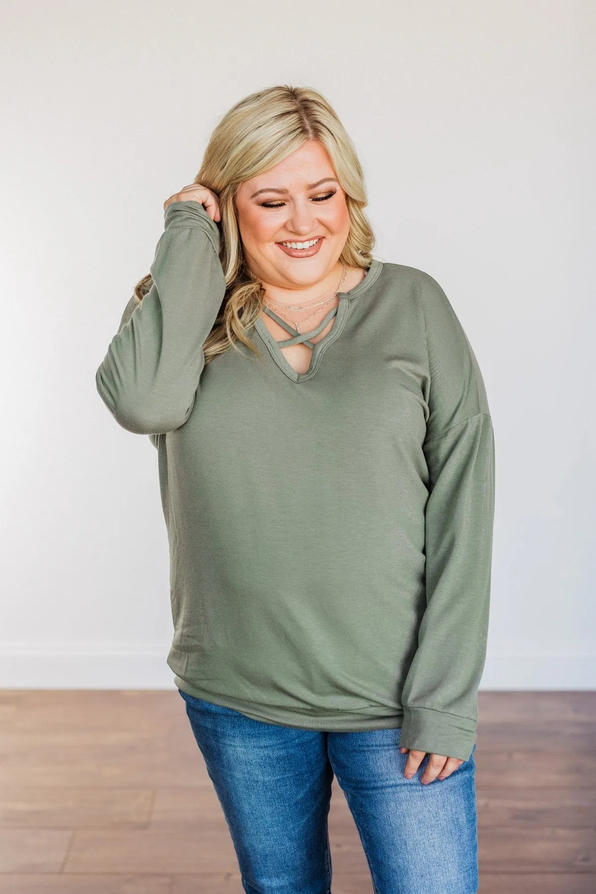 Just For Fun Criss Cross Long Sleeve Top- Olive