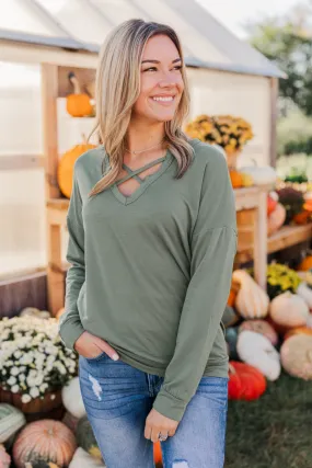 Just For Fun Criss Cross Long Sleeve Top- Olive