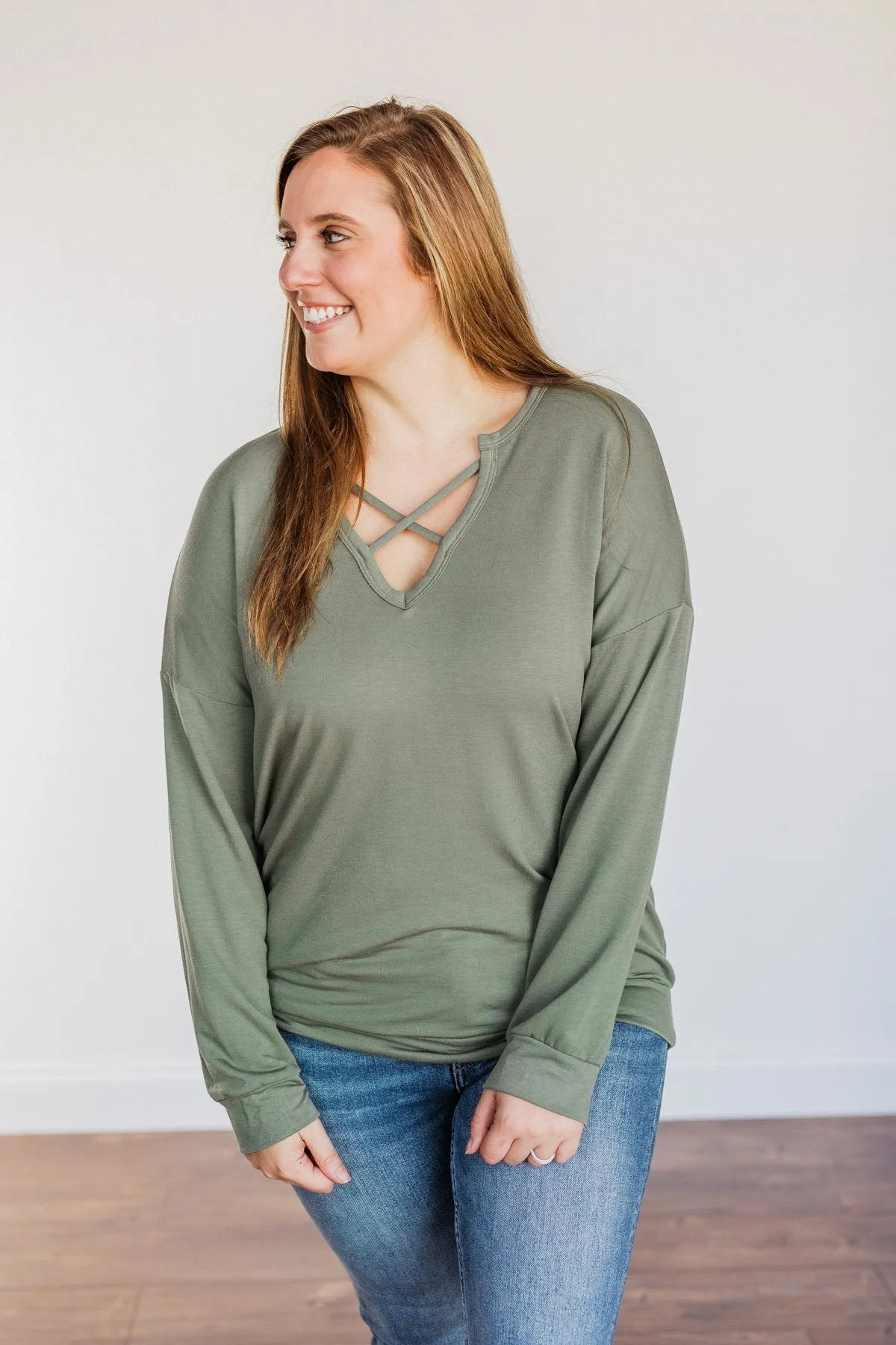 Just For Fun Criss Cross Long Sleeve Top- Olive