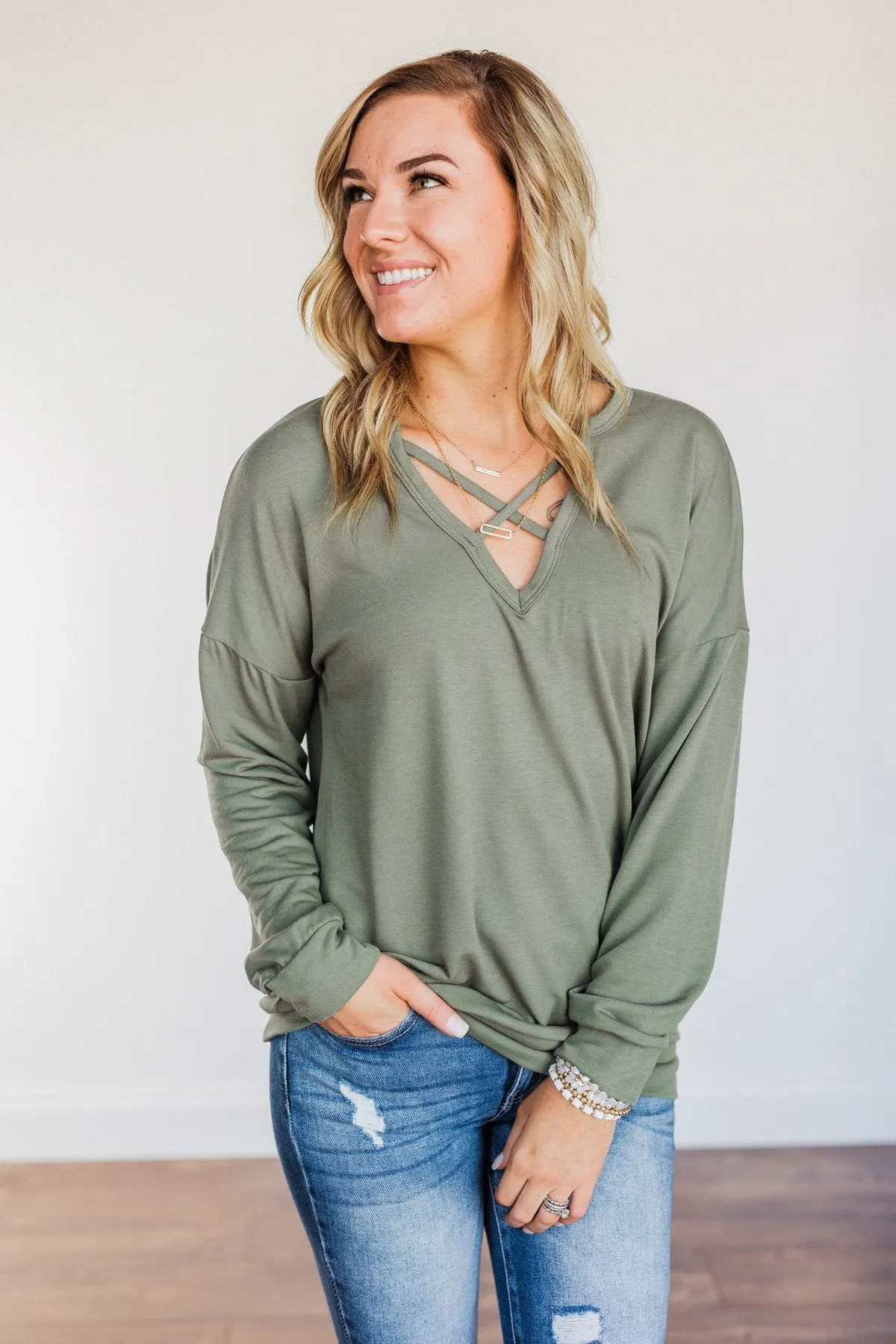 Just For Fun Criss Cross Long Sleeve Top- Olive