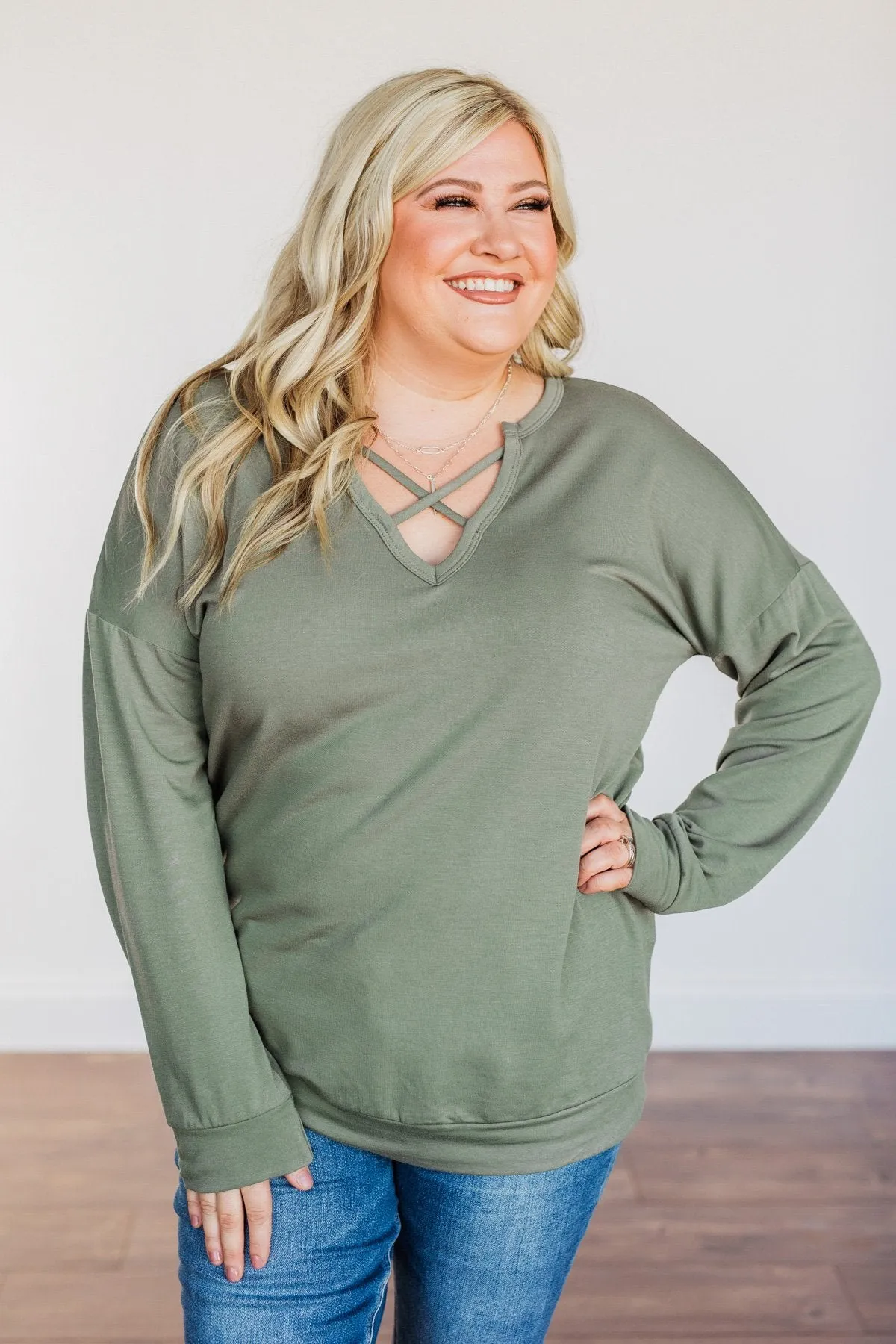 Just For Fun Criss Cross Long Sleeve Top- Olive