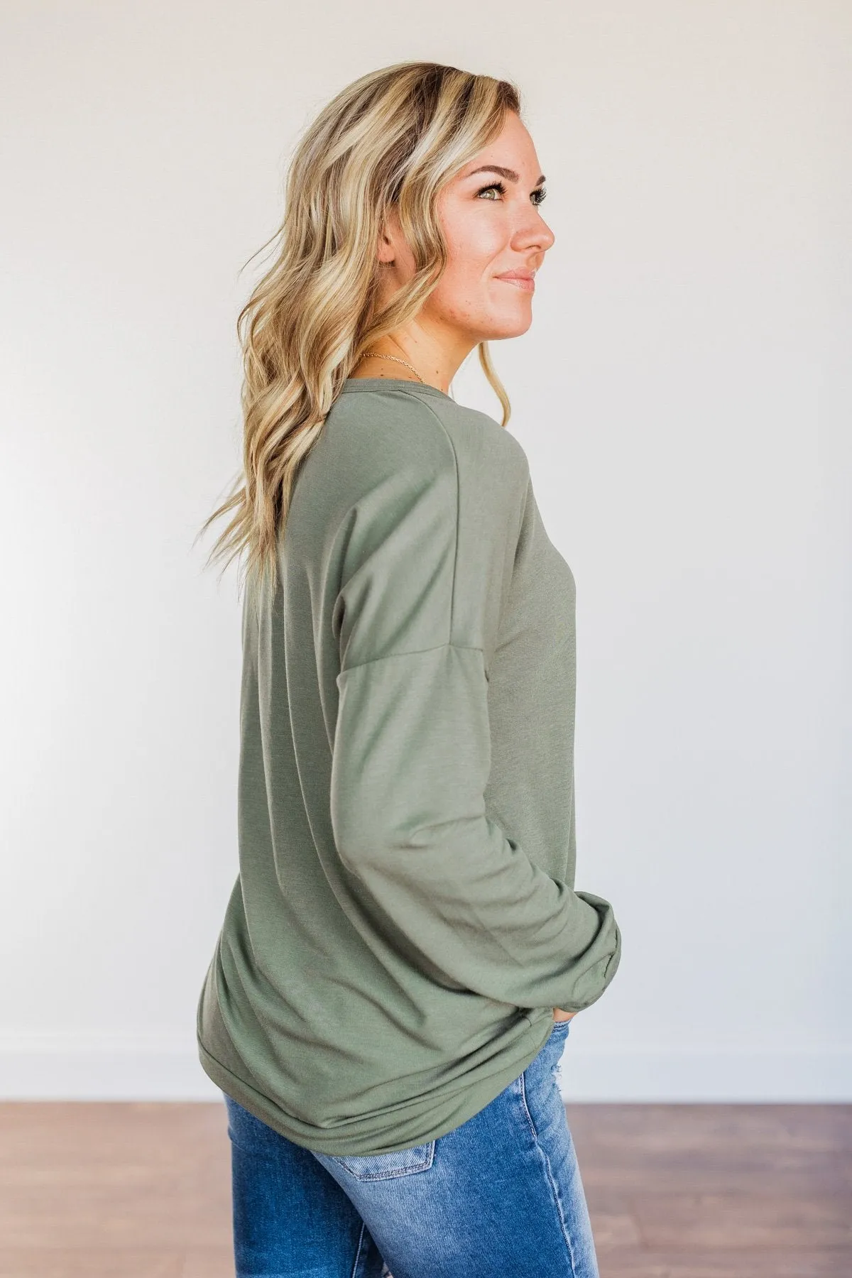 Just For Fun Criss Cross Long Sleeve Top- Olive