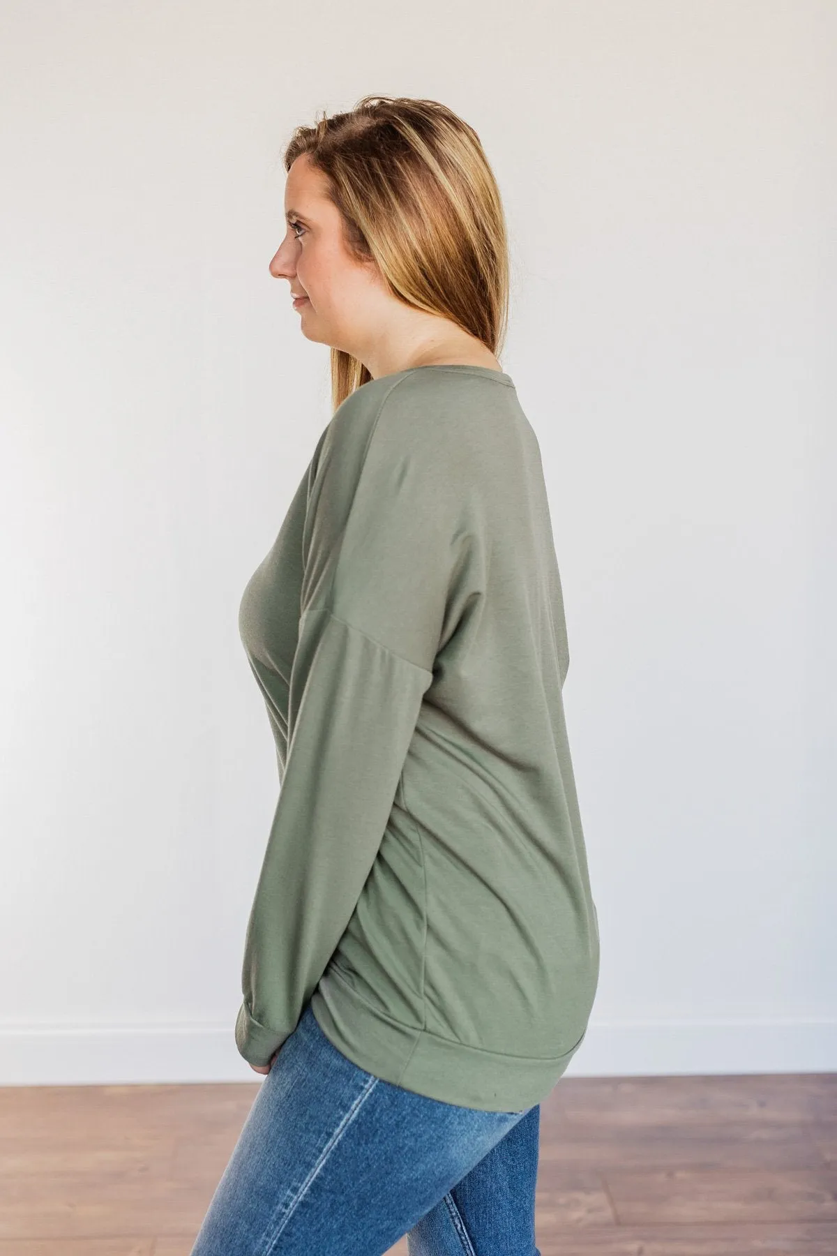 Just For Fun Criss Cross Long Sleeve Top- Olive