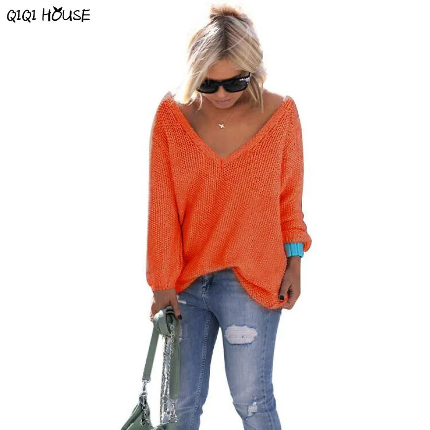 Korean Women Sweater Oversize Loose Sexy V-Neck Long Sleeve Pullovers Knitted Jumper Knitwear Maglioni Donna Inverno#C113 SM6