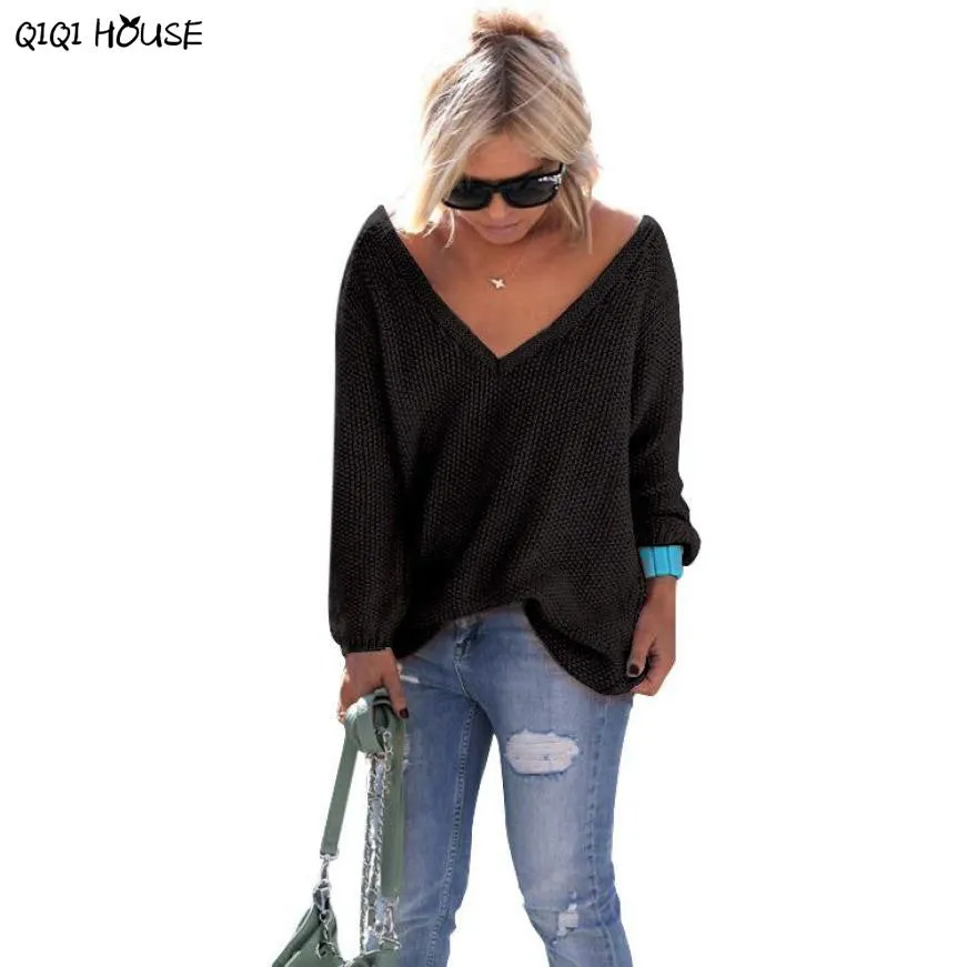 Korean Women Sweater Oversize Loose Sexy V-Neck Long Sleeve Pullovers Knitted Jumper Knitwear Maglioni Donna Inverno#C113 SM6