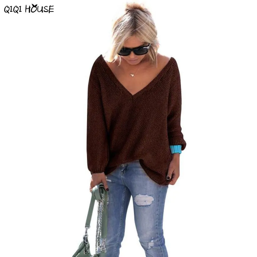 Korean Women Sweater Oversize Loose Sexy V-Neck Long Sleeve Pullovers Knitted Jumper Knitwear Maglioni Donna Inverno#C113 SM6