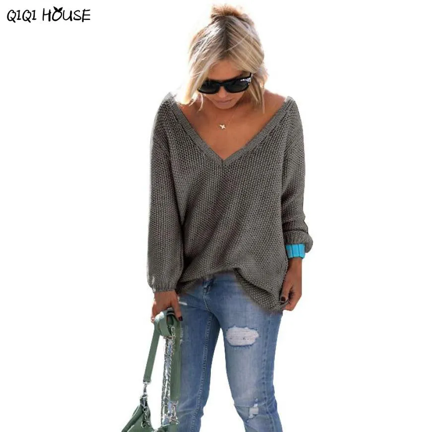 Korean Women Sweater Oversize Loose Sexy V-Neck Long Sleeve Pullovers Knitted Jumper Knitwear Maglioni Donna Inverno#C113 SM6