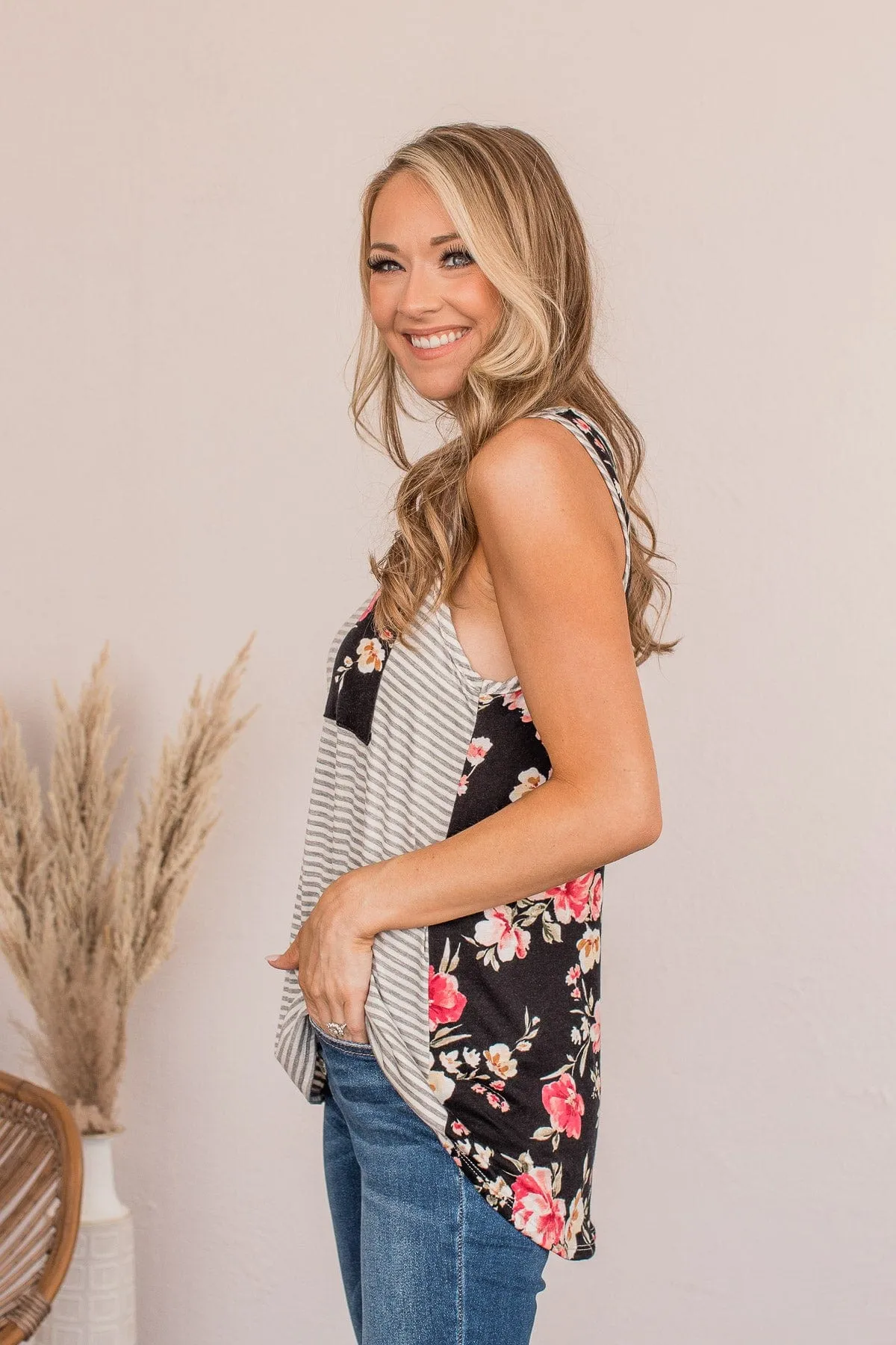 Love To Spare Striped Floral Tank- Heather Gray