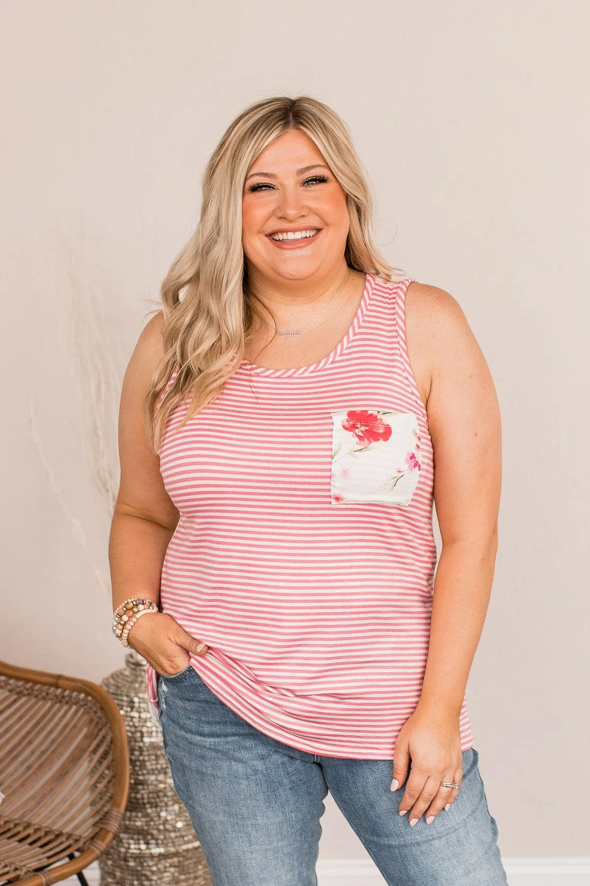 Love To Spare Striped Floral Tank- Pink & Ivory