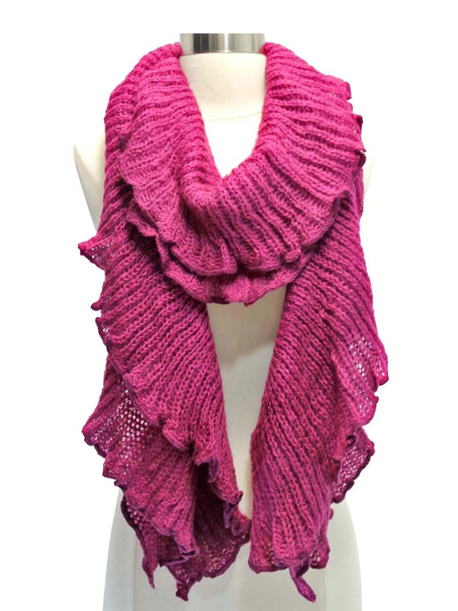 Magenta Ruffled Edge Feminine Knit Long Scarf