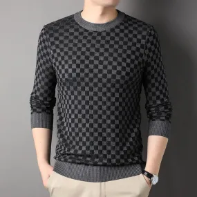 Men's Casual Thick Winter Warm Plaid Pattern Flat Knitted O-Neck Pullover