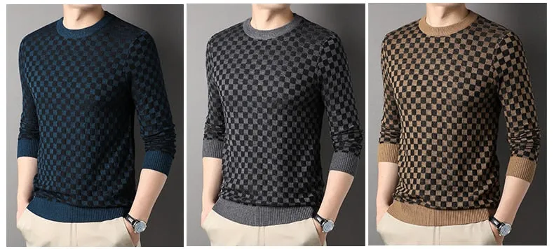 Men's Casual Thick Winter Warm Plaid Pattern Flat Knitted O-Neck Pullover