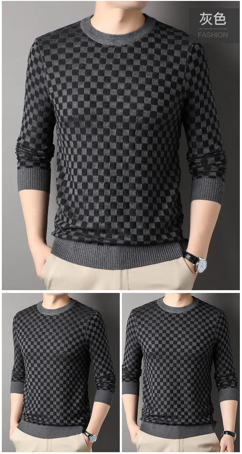 Men's Casual Thick Winter Warm Plaid Pattern Flat Knitted O-Neck Pullover