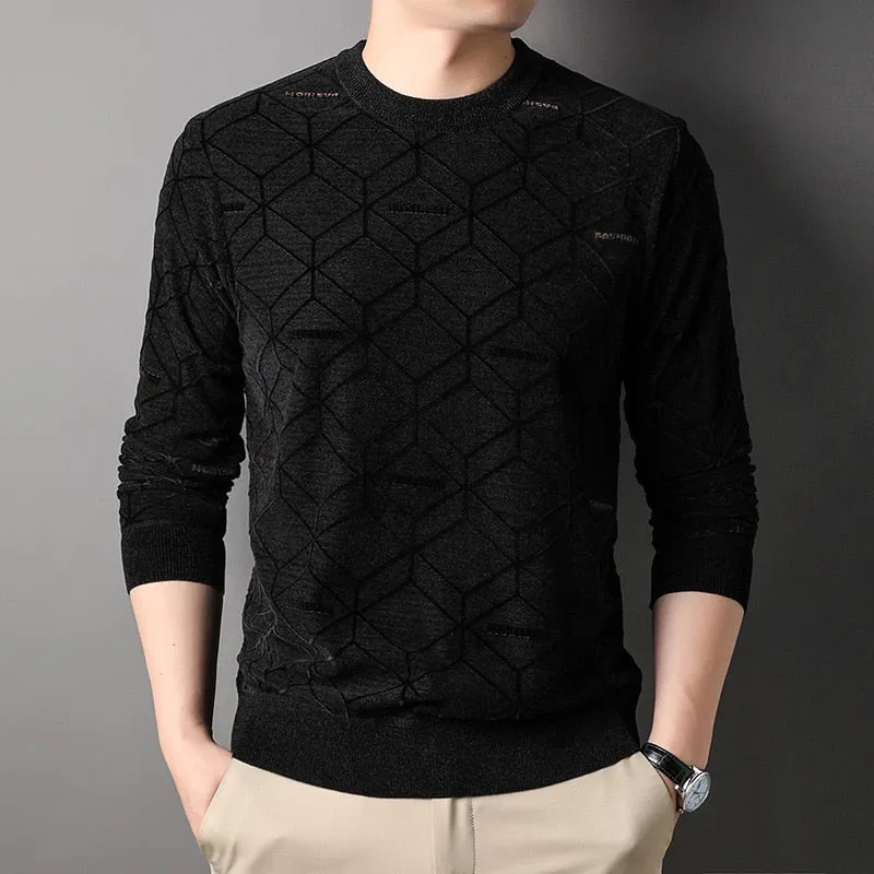 Men's Winter Black Color Flat Knitted O-Neck Thick Warm Pullover