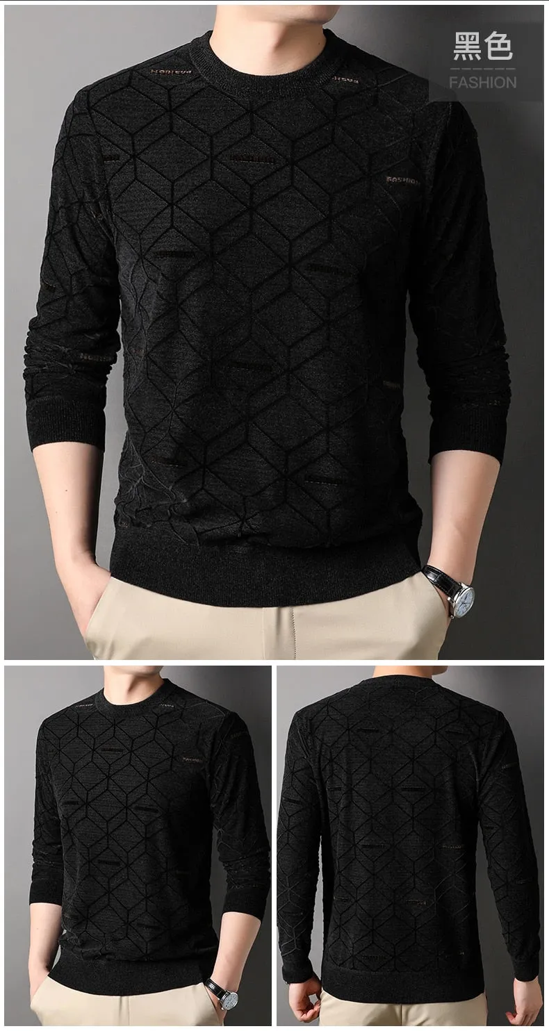 Men's Winter Black Color Flat Knitted O-Neck Thick Warm Pullover