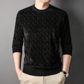 Men's Winter Black Color Standard Wool Flat Knitted O-Neck Pullover