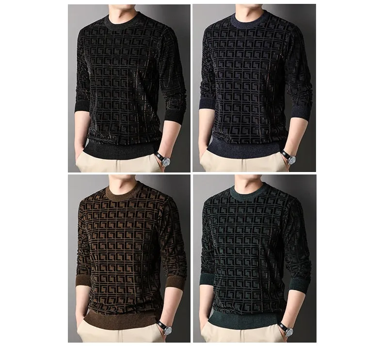 Men's Winter Black Color Standard Wool Flat Knitted O-Neck Pullover