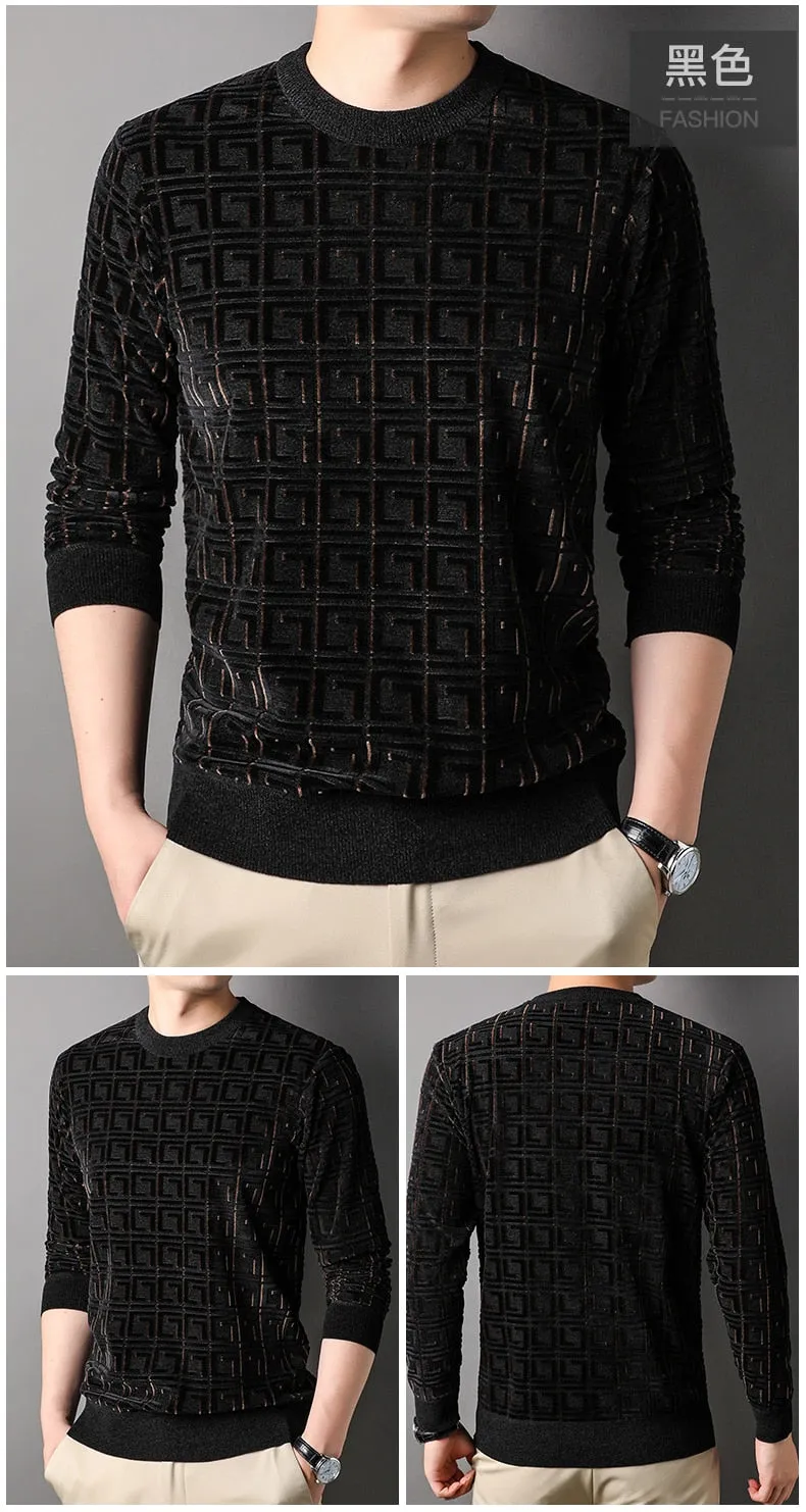 Men's Winter Black Color Standard Wool Flat Knitted O-Neck Pullover