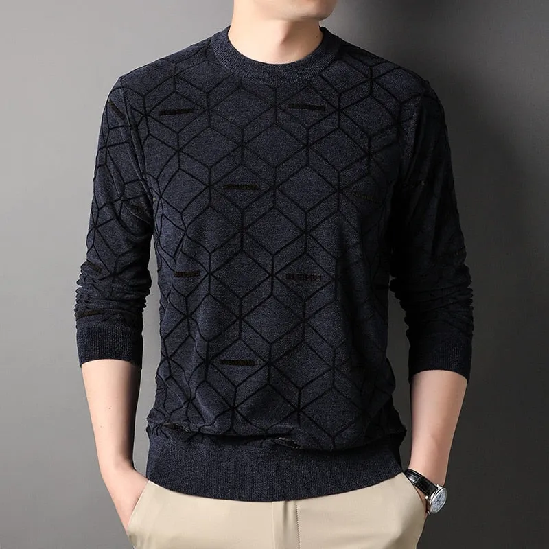 Men's Winter Blue Color Standard Wool O-Neck Flat Knitted Pullover