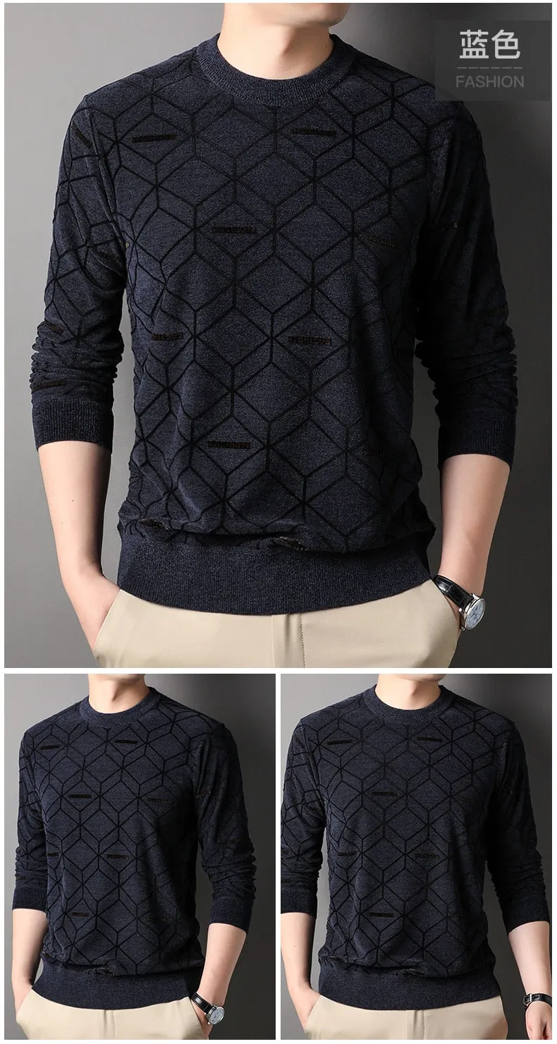 Men's Winter Blue Color Standard Wool O-Neck Flat Knitted Pullover