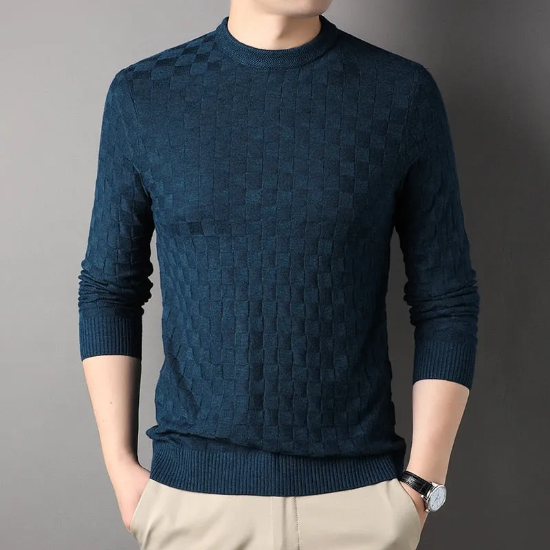 Men's Winter Standard Wool O-Neck Flat Knitted Plaid Sweatshirt Pullover