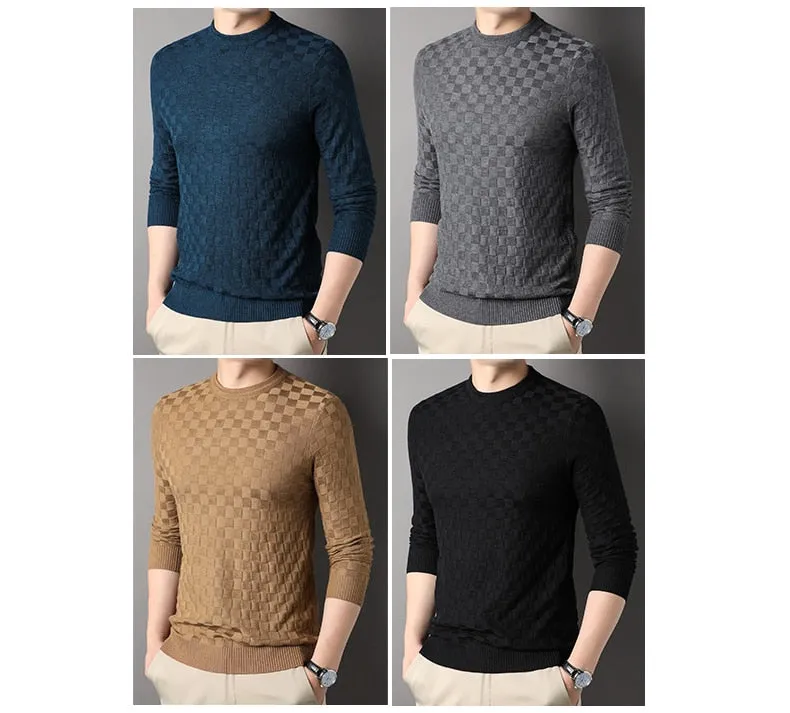 Men's Winter Standard Wool O-Neck Flat Knitted Plaid Sweatshirt Pullover