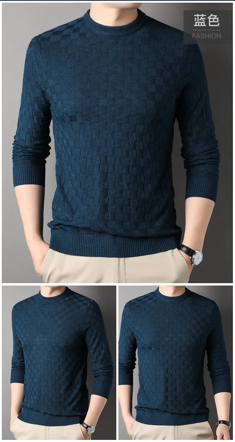 Men's Winter Standard Wool O-Neck Flat Knitted Plaid Sweatshirt Pullover