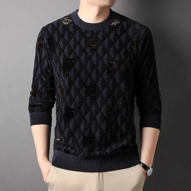 Men's Winter Warm Flat Knitted Standard Wool O-Neck Sweatshirt Pullover