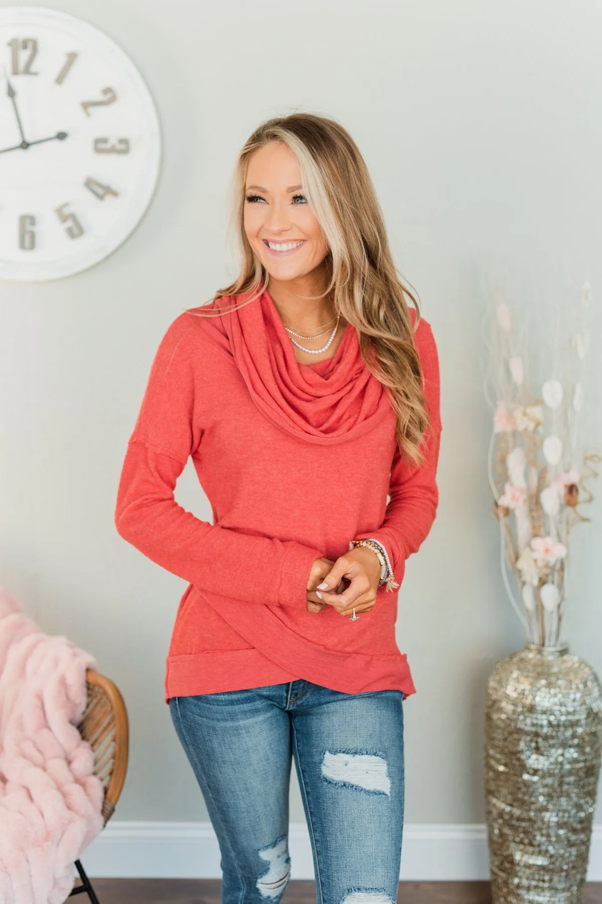 My Time To Shine Cowl Neck Top- Dark Coral