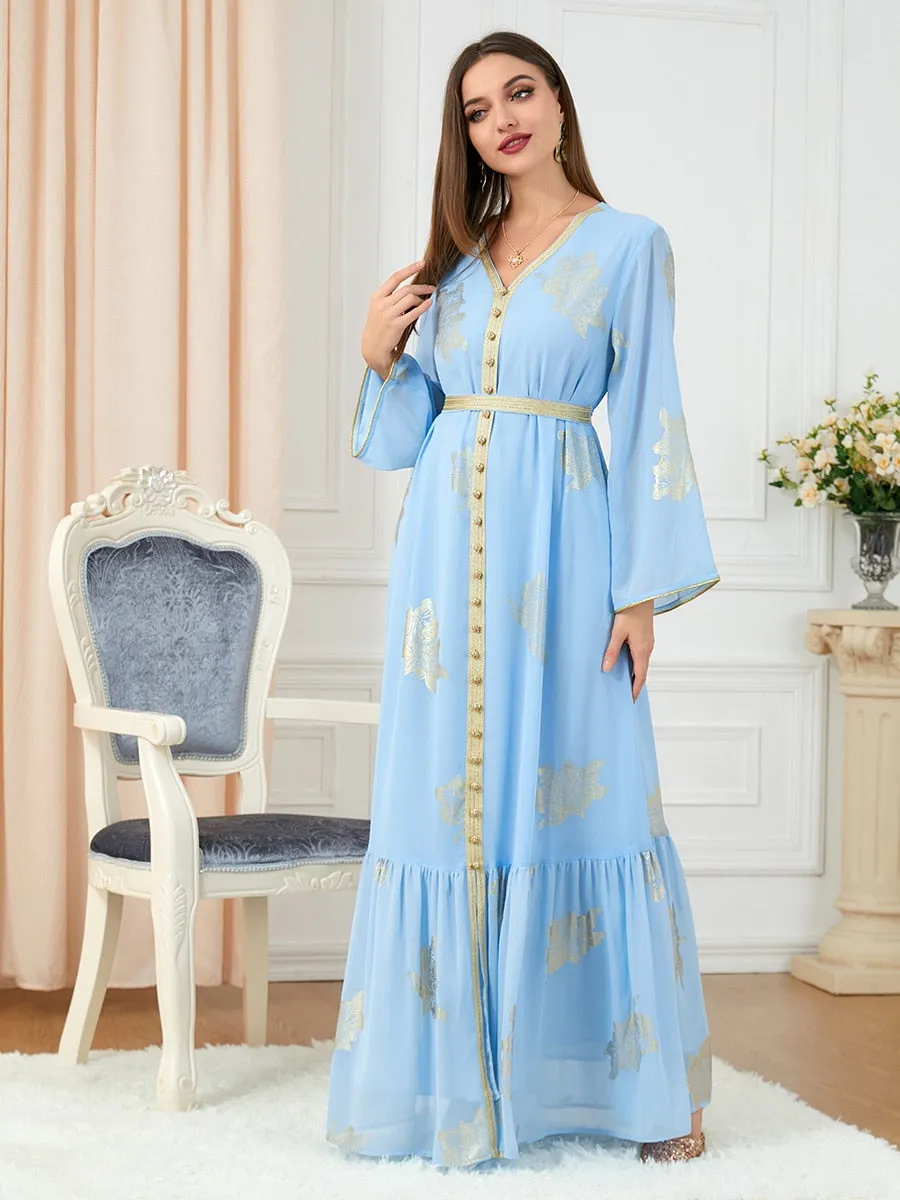 Printed Long Sleeve V-Neck, Button Tape Trim Belted Kaftan Split Hem