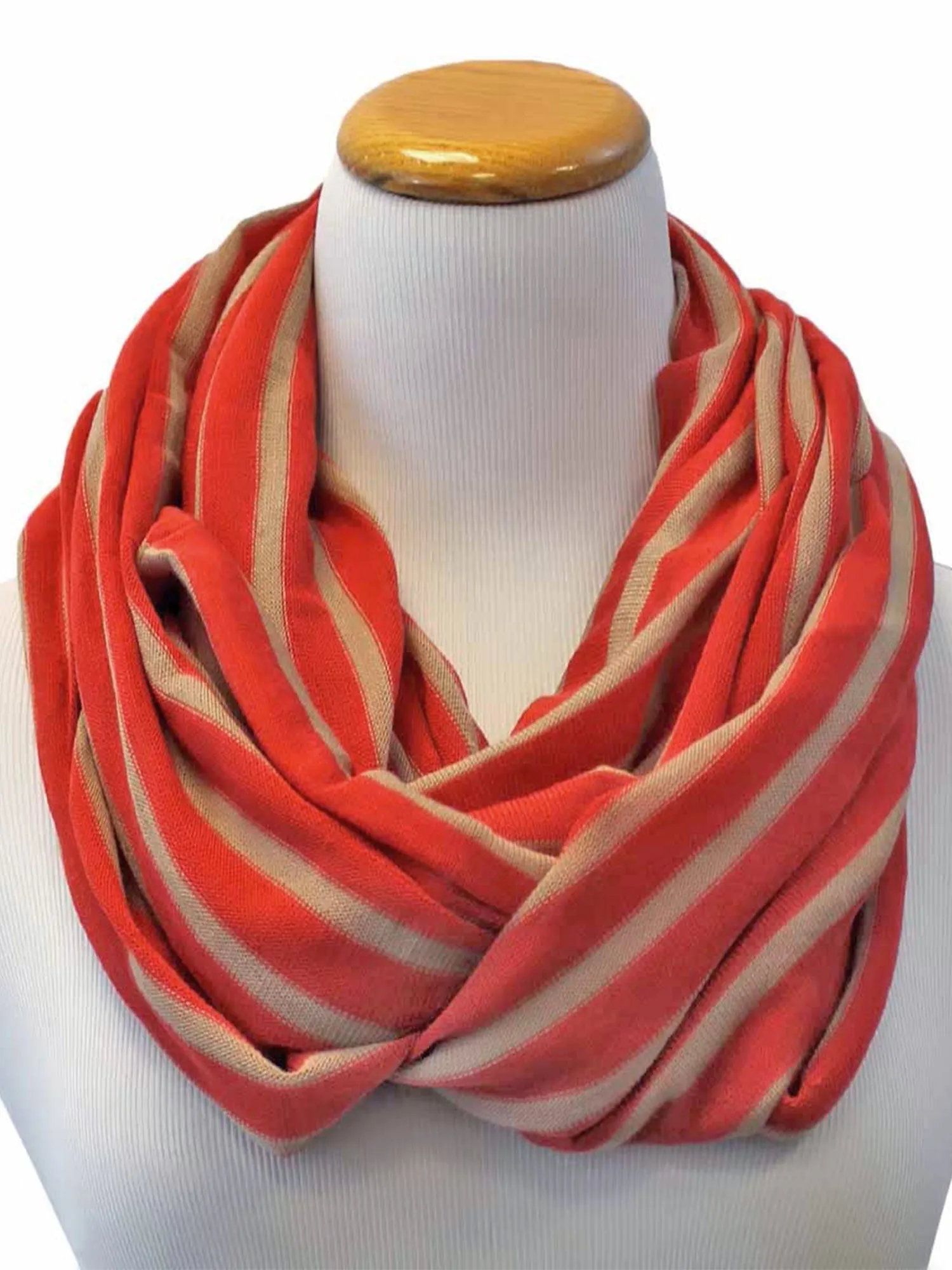 Red & Taupe Striped Circle Infinity Scarf