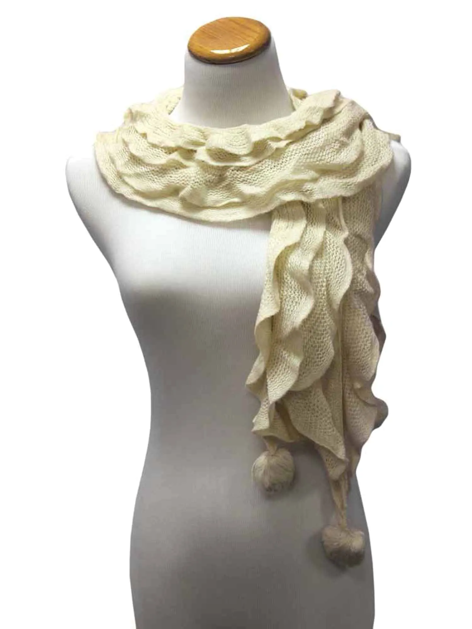 Ruffled Knit Oblong Scarf With Pom Poms