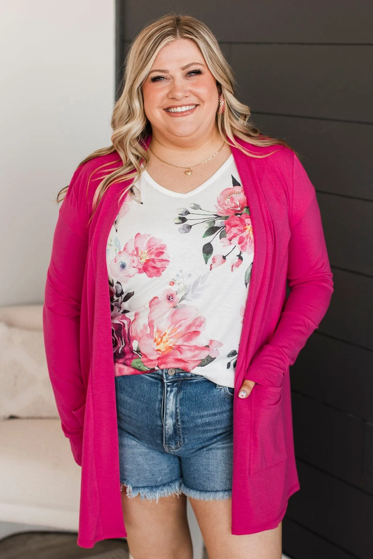Saying Je T'aime Open Front Cardigan- Hot Pink