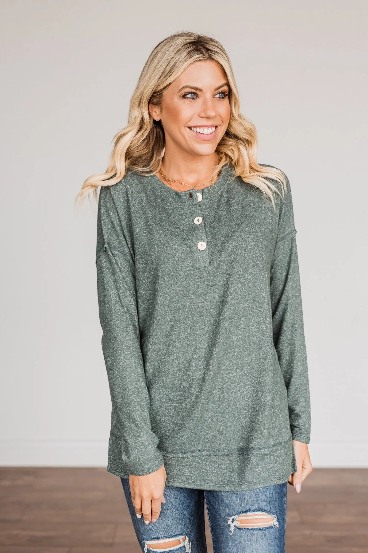 Soft Gazes Button Long Sleeve Top- Hunter Green