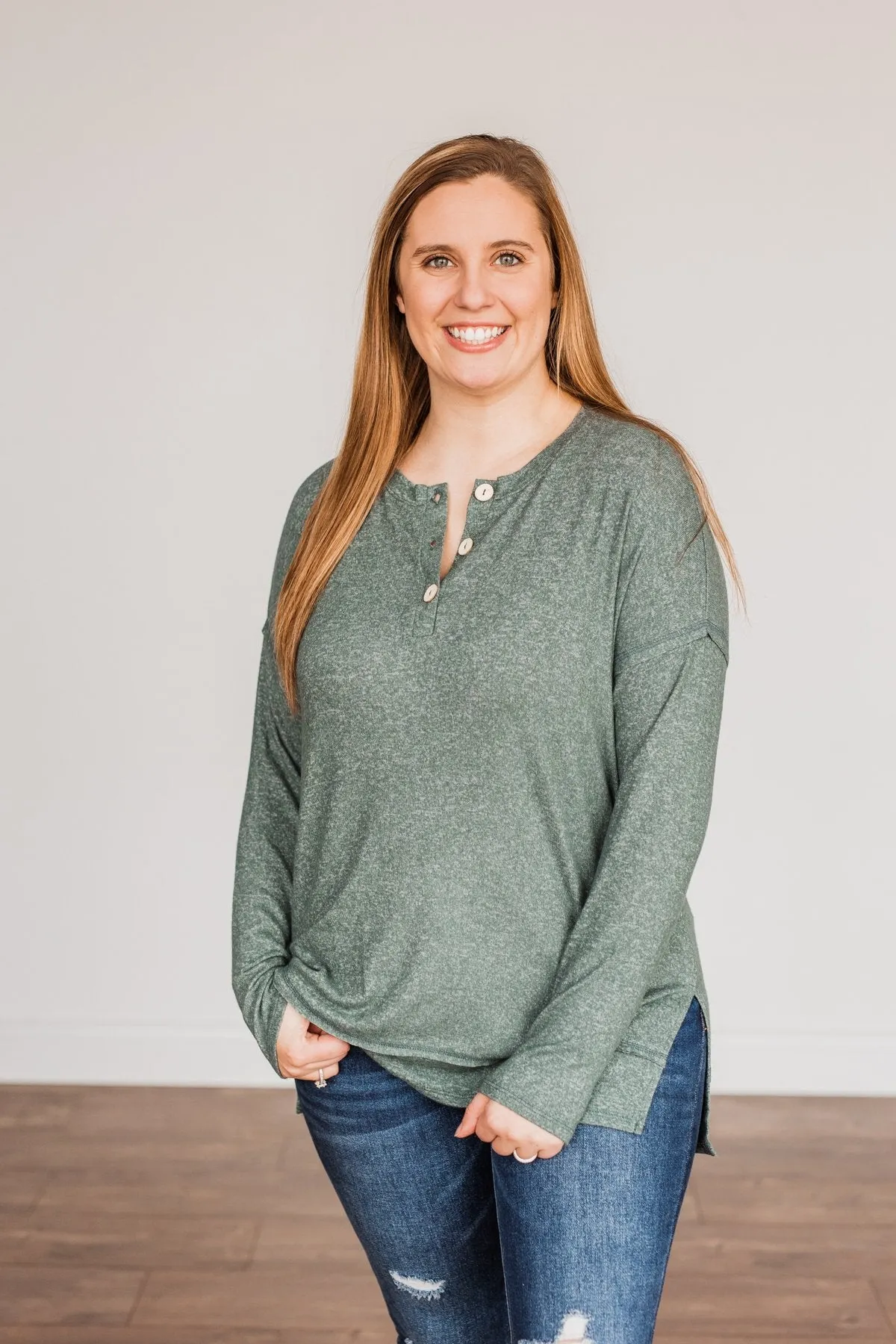 Soft Gazes Button Long Sleeve Top- Hunter Green