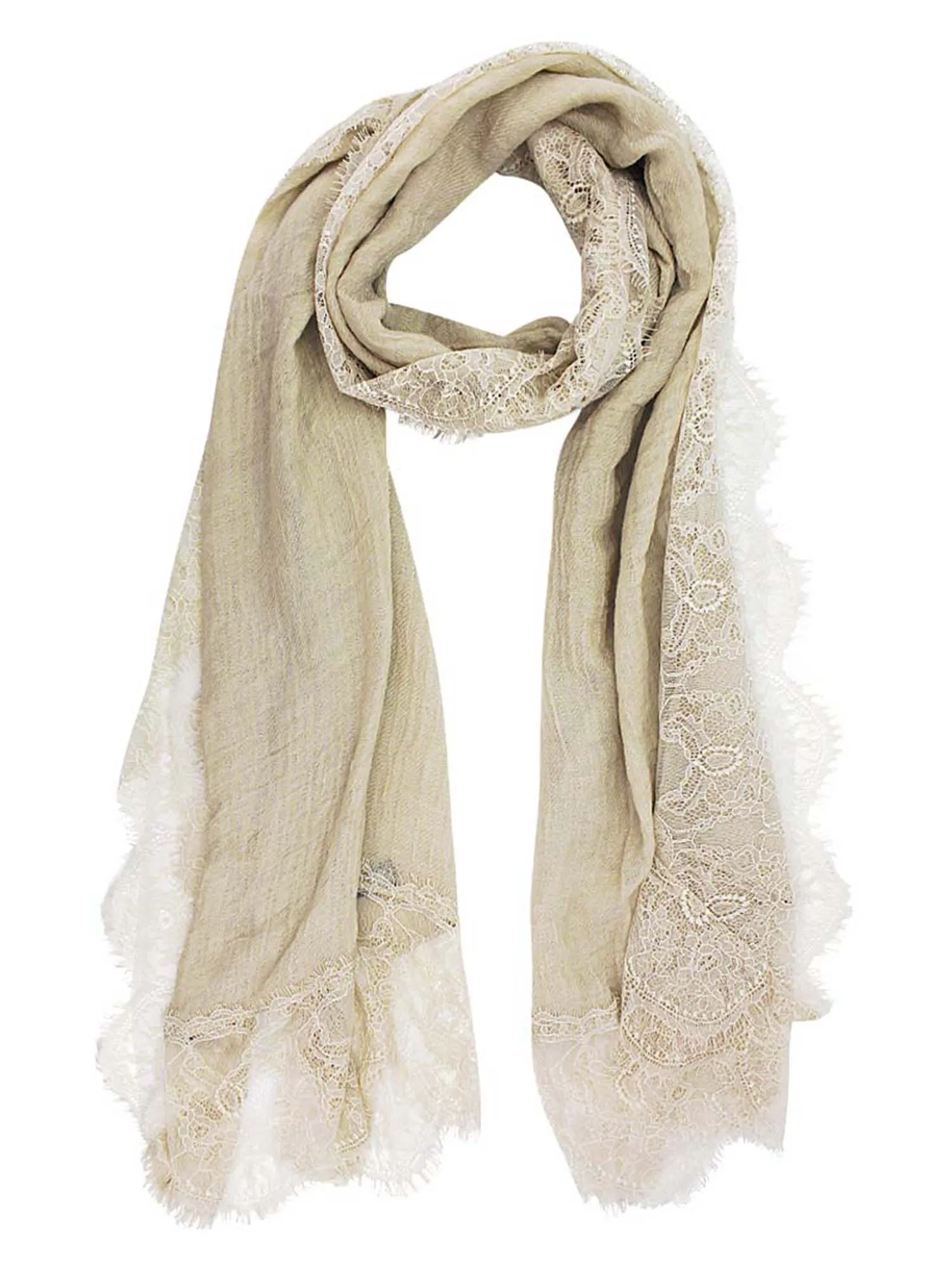 Taupe Gauzy Lightweight Spring Scarf With Lace Trim