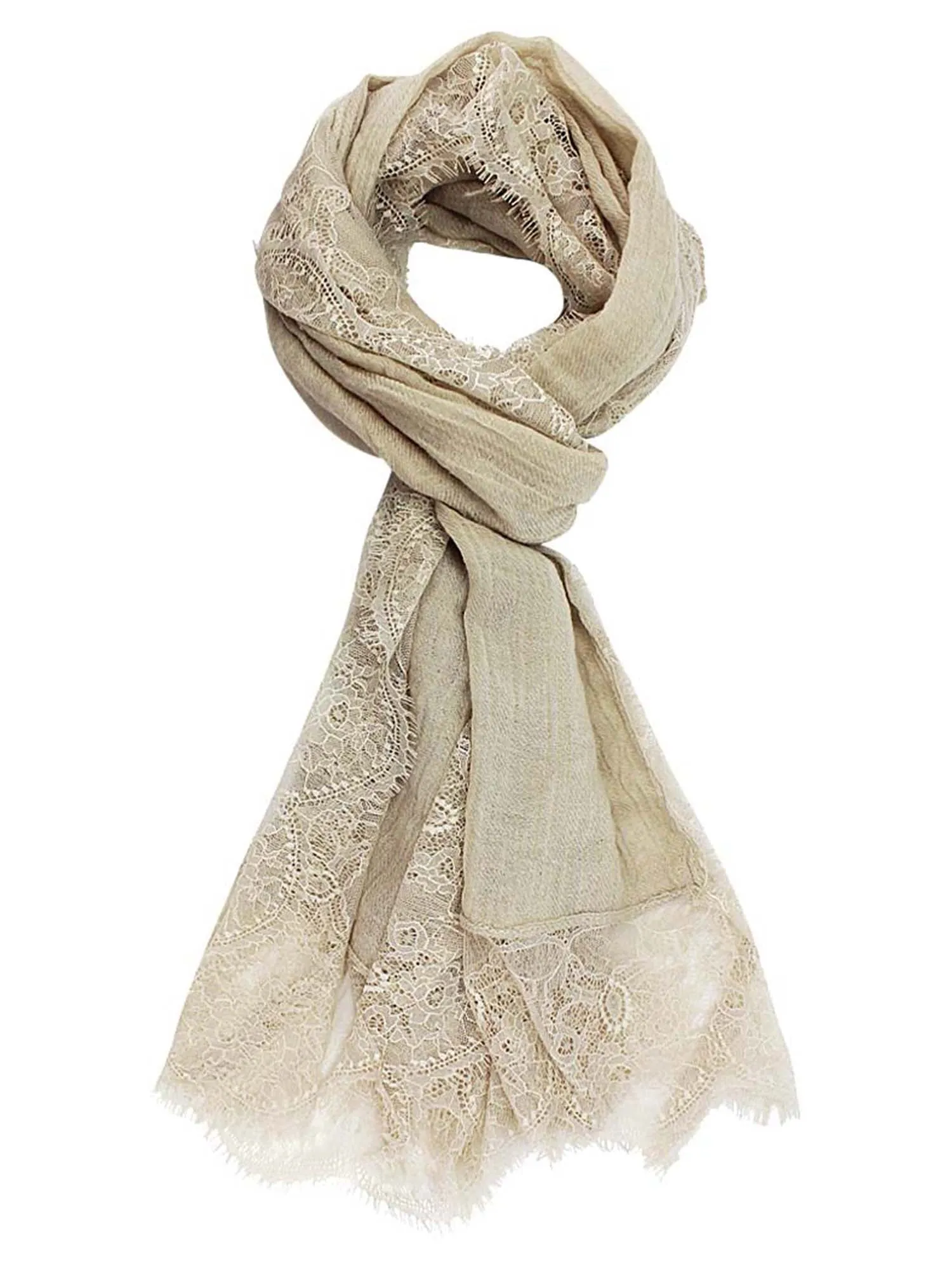 Taupe Gauzy Lightweight Spring Scarf With Lace Trim