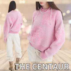 THE CENTAUR  |Crew Neck Flower Patterns Long Sleeves Plain