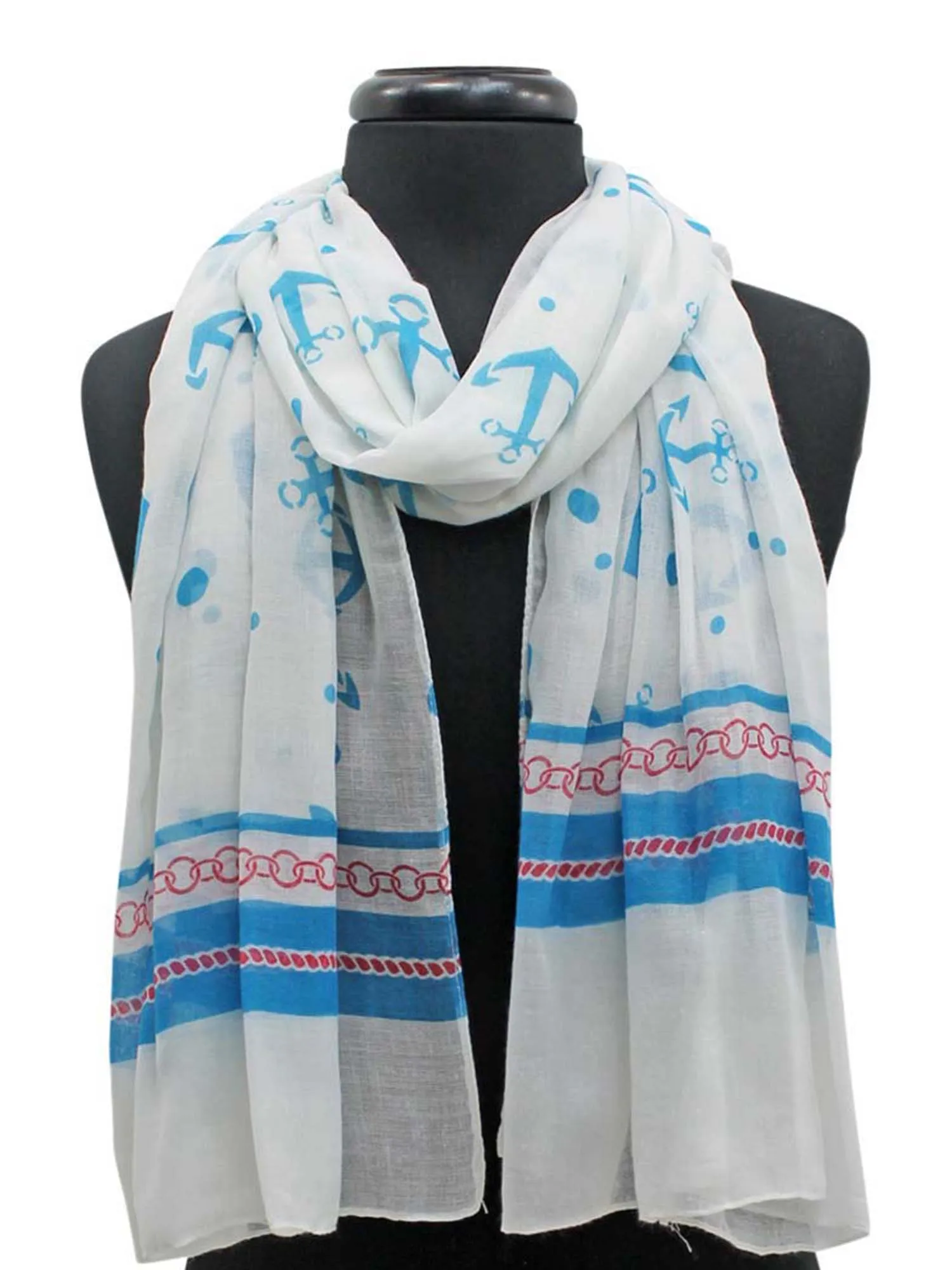 Turquoise White & Red Nautical Print Lightweight Scarf