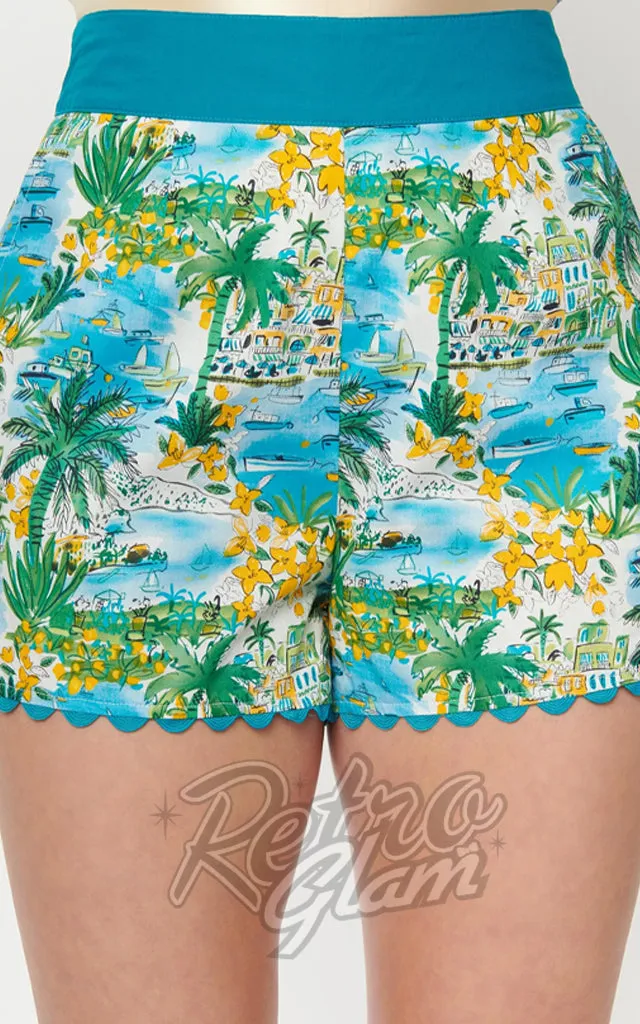 Unique Vintage Seaside Village Print Scallop Trim Shorts - M,L,XL