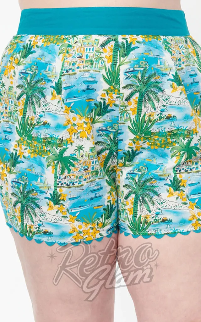 Unique Vintage Seaside Village Print Scallop Trim Shorts - M,L,XL