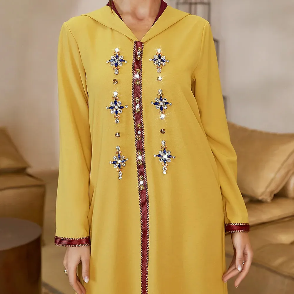 V-neck Djellaba Women Long Sleeves Yellow Loose