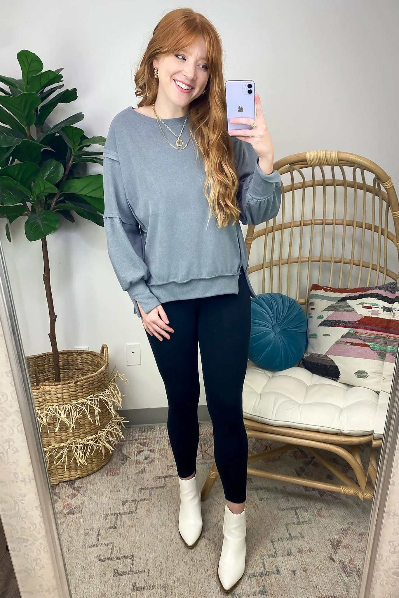 Velia Side Slit Raw Edge Relaxed Pullover