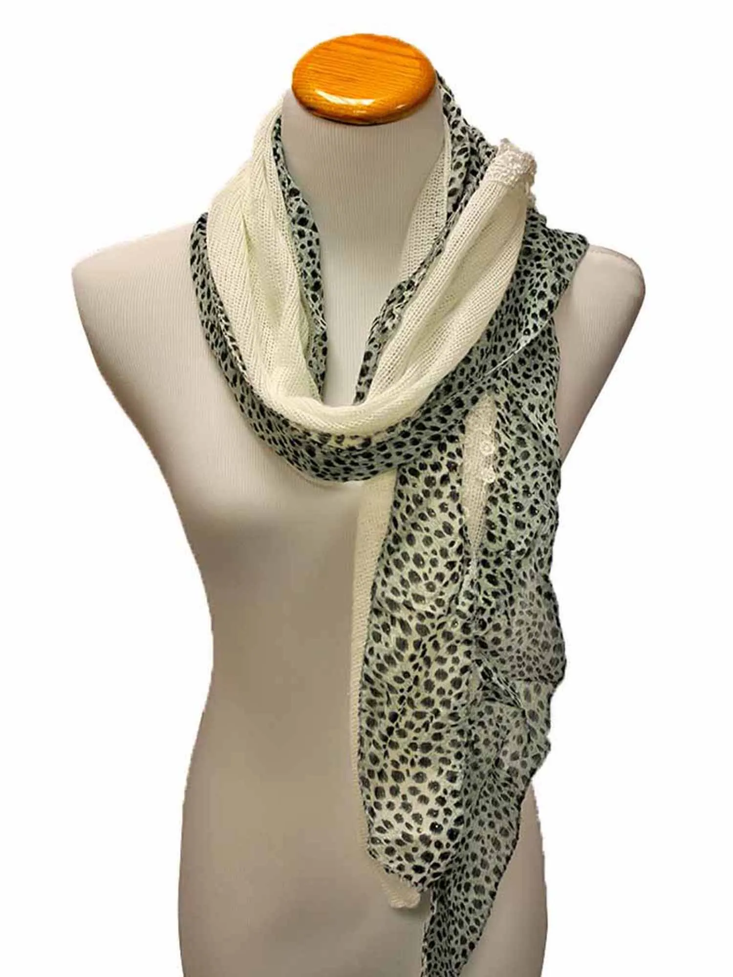 White Animal Print & Knit Panel Scarf With Lace Trim