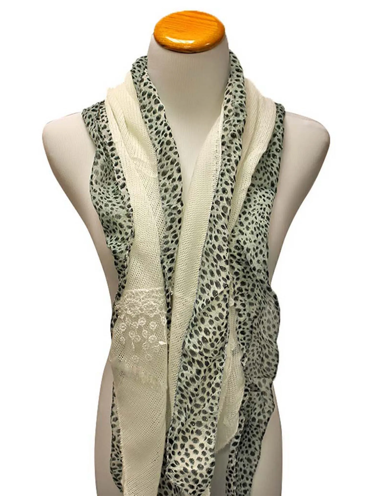 White Animal Print & Knit Panel Scarf With Lace Trim