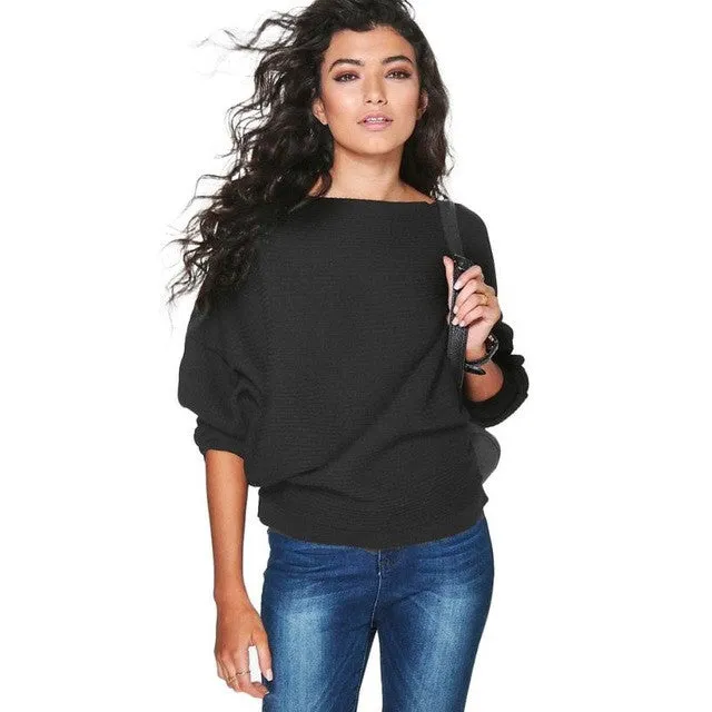 Women Sweater Fashion Knitted Slash Neck Sweater And Pullovers Casual Full Batwing Sleeve Solid Knittwear #WY SM6