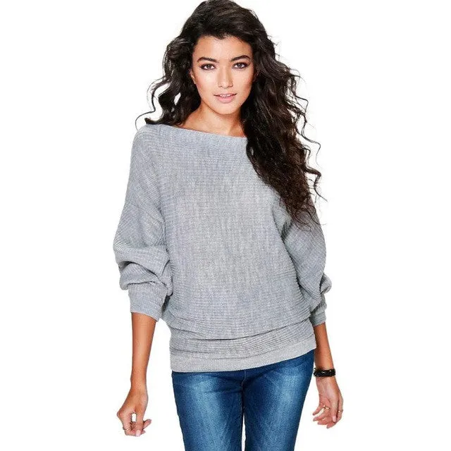 Women Sweater Fashion Knitted Slash Neck Sweater And Pullovers Casual Full Batwing Sleeve Solid Knittwear #WY SM6