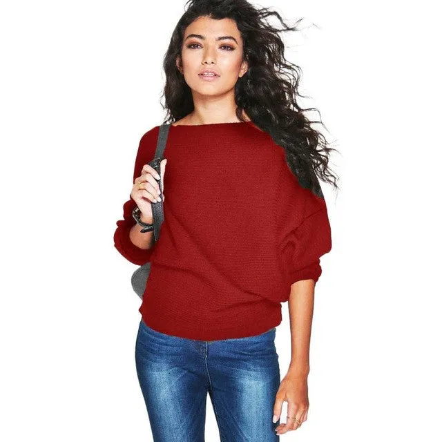 Women Sweater Fashion Knitted Slash Neck Sweater And Pullovers Casual Full Batwing Sleeve Solid Knittwear #WY SM6